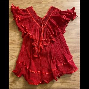 Bohemian Mexican red cotton gauze top